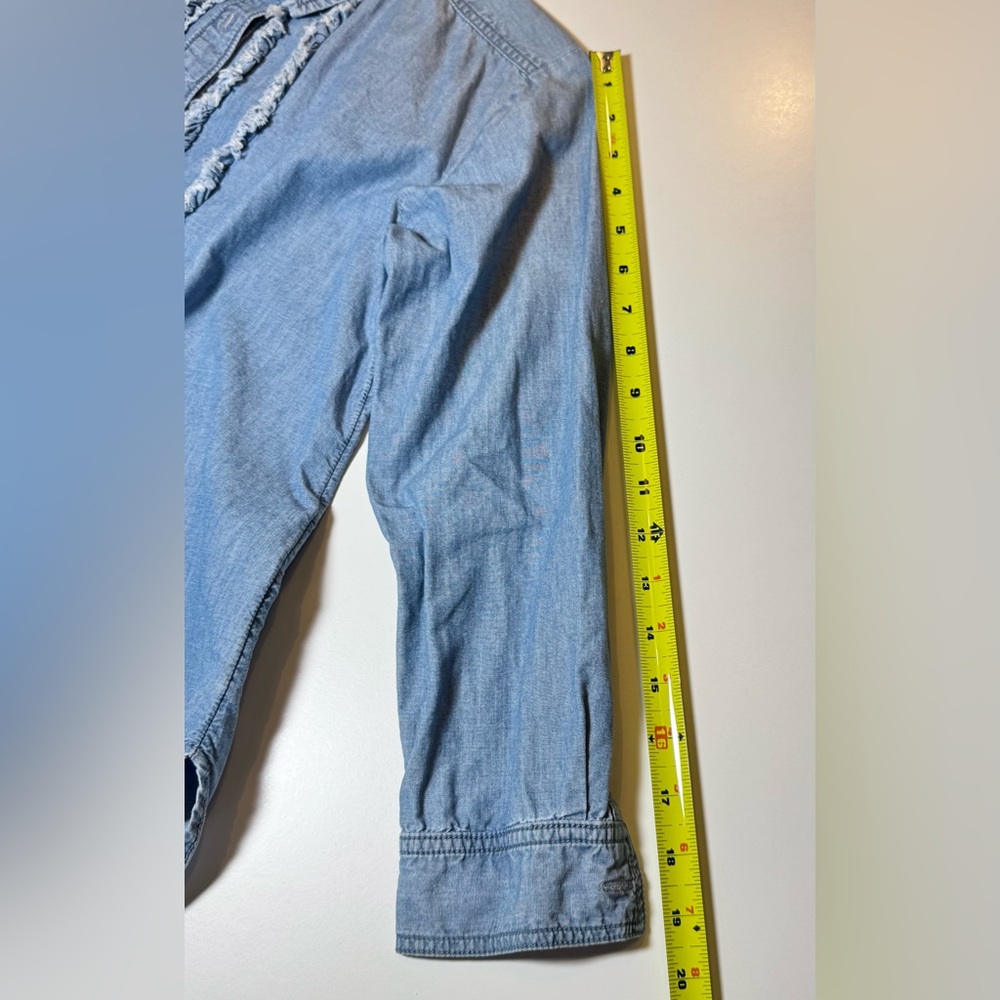 Pilcro by Anthropologie Juni Ruffled Denim Button Down Petite Small 3/4 Sleeve - Picture 10 of 13